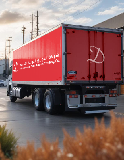 A red International Distribution Trading Co. semi-truck trailer parked near a distribution facility, showcasing the company's branding and logistics excellence.